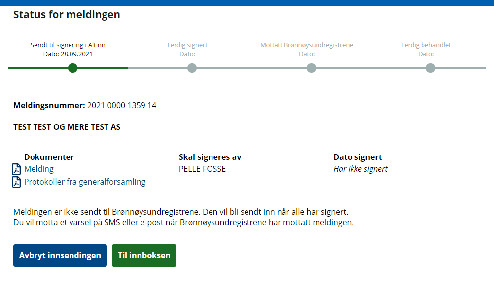 Statuslinjen viser at samordnet registermelding ikke er signert