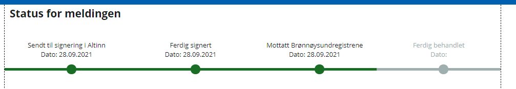 statuslinjen viser at meldingen er mottatt av Brønnøysundregistrene